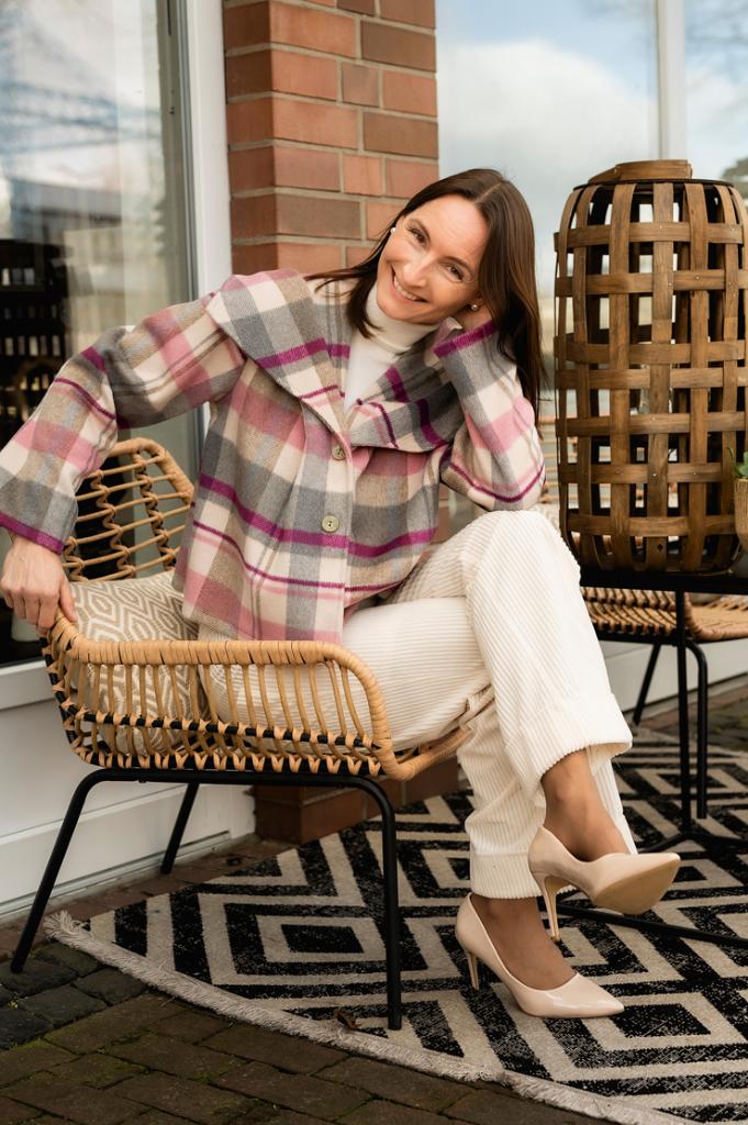Coat fleece check - beige pink
